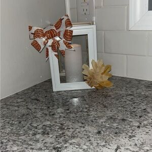 Homemade Fall Themed White Wood and Glass Lantern with Bow and Leaves